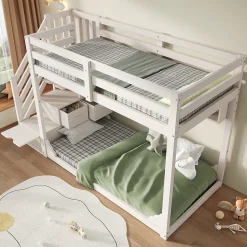 Lit superposé 90x200cm avec escalier de rangement et étagères - 2 tiroirs - Bois massif+panneaux de particules - Blanc