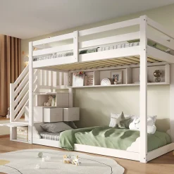 Lit superposé 90x200cm avec escalier de rangement et étagères - 2 tiroirs - Bois massif+panneaux de particules - Blanc