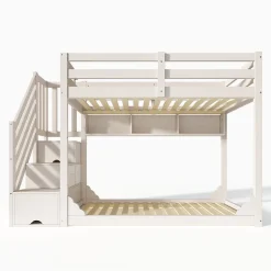 Lit superposé 90x200cm avec escalier de rangement et étagères - 2 tiroirs - Bois massif+panneaux de particules - Blanc