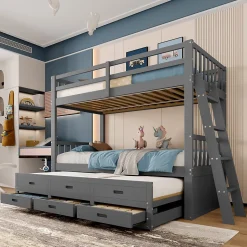 Lit superposé 90x200cm avec lit gigogne et 3 tiroirs, pin MDF, pour enfants, sans matelas, gris