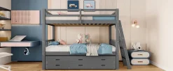 Lit superposé 90x200cm avec lit gigogne et 3 tiroirs, pin MDF, pour enfants, sans matelas, gris