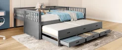 Lit superposé 90x200cm avec lit gigogne et 3 tiroirs, pin MDF, pour enfants, sans matelas, gris