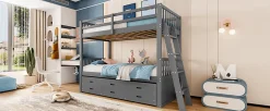 Lit superposé 90x200cm avec lit gigogne et 3 tiroirs, pin MDF, pour enfants, sans matelas, gris