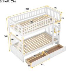 Lit superposé 90x200cm pour enfants avec tiroirs, convertible, fonctionnel, blanc, Lit cabriolet pratique et gain de place