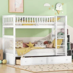 Lit superposé 90x200cm pour enfants avec tiroirs, convertible, fonctionnel, blanc, Lit cabriolet pratique et gain de place