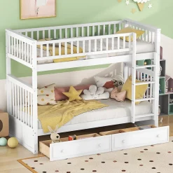 Lit superposé 90x200cm pour enfants avec tiroirs, convertible, fonctionnel, blanc, Lit cabriolet pratique et gain de place