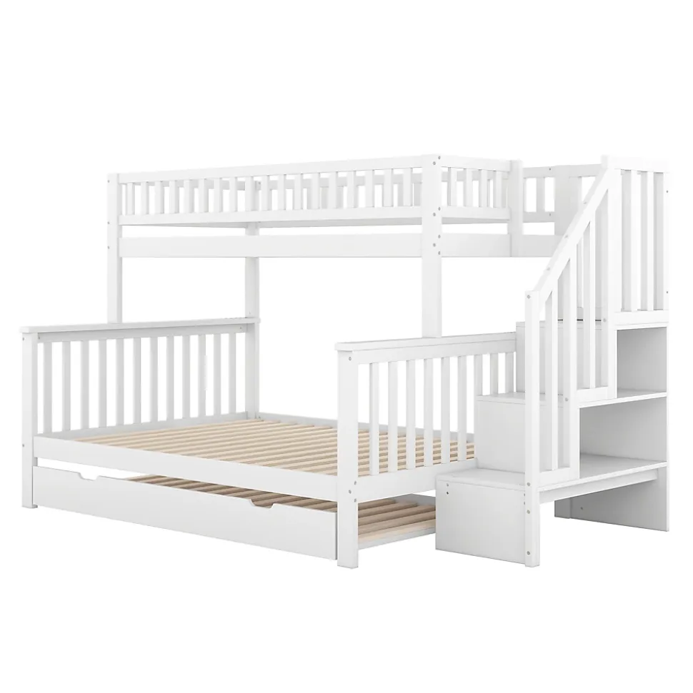 Lit superposé 90x200/140x200 avec sommiers inclus et tiroir gigogne, échelle à rangements, en pin massif blanc