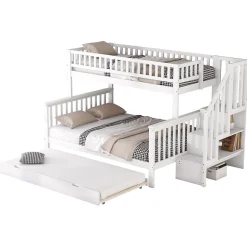 Lit superposé 90x200/140x200 avec sommiers inclus et tiroir gigogne, échelle à rangements, en pin massif blanc