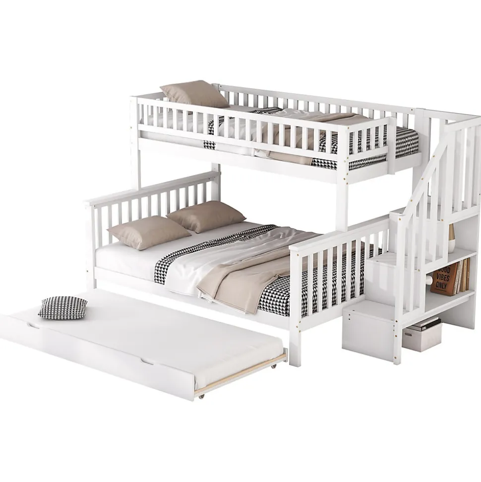 Lit superposé 90x200/140x200 avec sommiers inclus et tiroir gigogne, échelle à rangements, en pin massif blanc