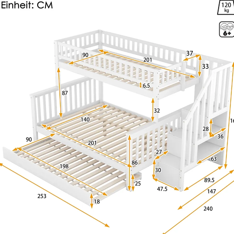 Lit superposé 90x200/140x200 avec sommiers inclus et tiroir gigogne, échelle à rangements, en pin massif blanc