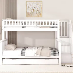 Lit superposé 90x200/140x200 avec sommiers inclus et tiroir gigogne, échelle à rangements, en pin massif blanc