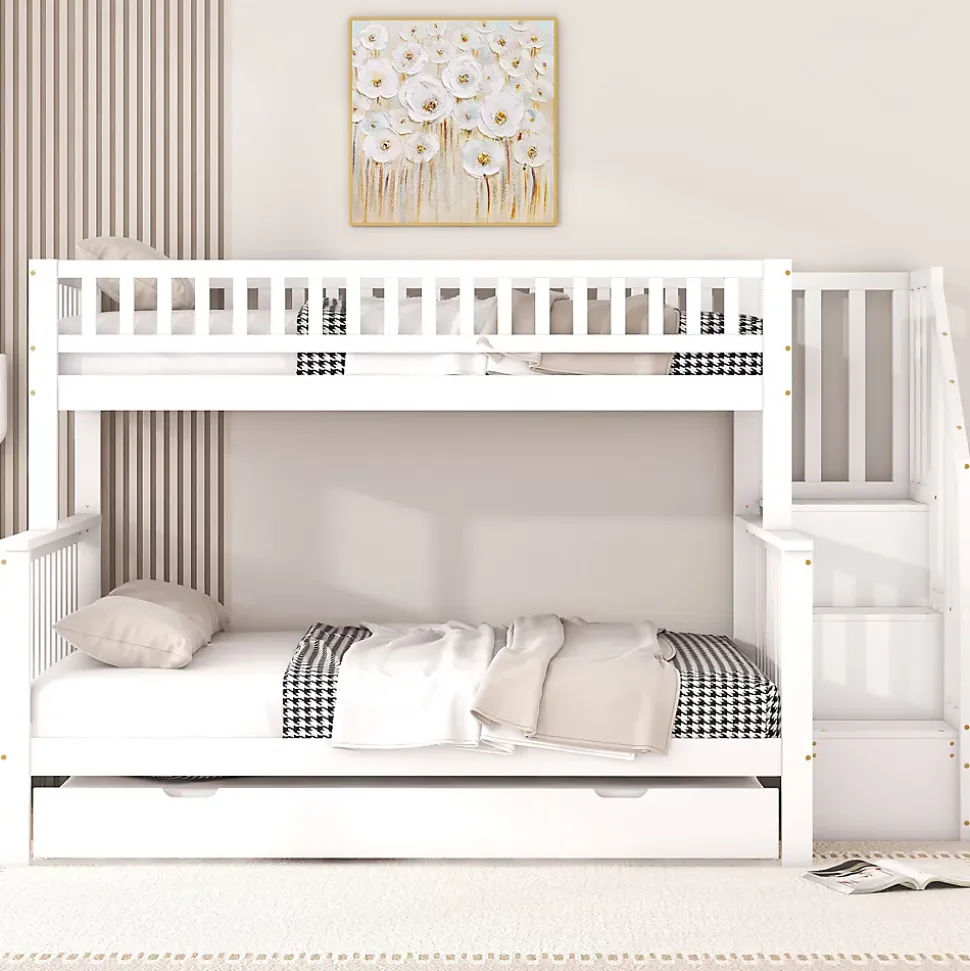 Lit superposé 90x200/140x200 avec sommiers inclus et tiroir gigogne, échelle à rangements, en pin massif blanc