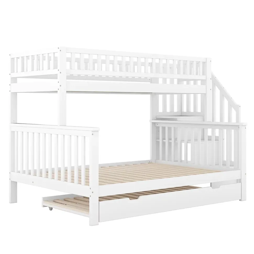 Lit superposé 90x200/140x200 avec sommiers inclus et tiroir gigogne, échelle à rangements, en pin massif blanc