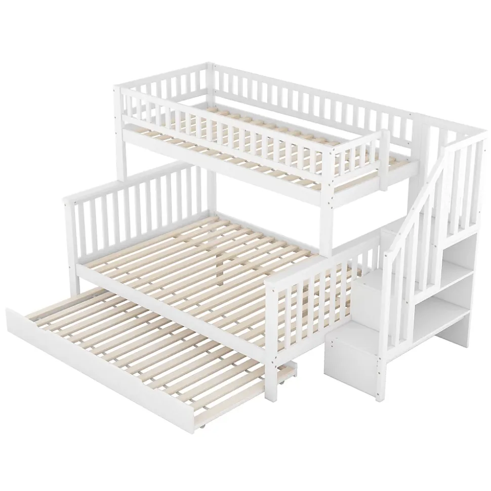 Lit superposé 90x200/140x200 avec sommiers inclus et tiroir gigogne, échelle à rangements, en pin massif blanc