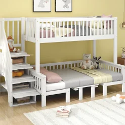 Lit superposé 90x200/120x200 avec table rabattable et escalier de rangement, structure bois/MDF blanc