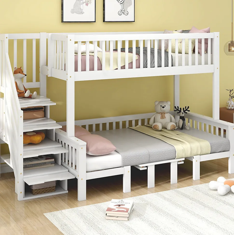 Lit superposé 90x200/120x200 avec table rabattable et escalier de rangement, structure bois/MDF blanc