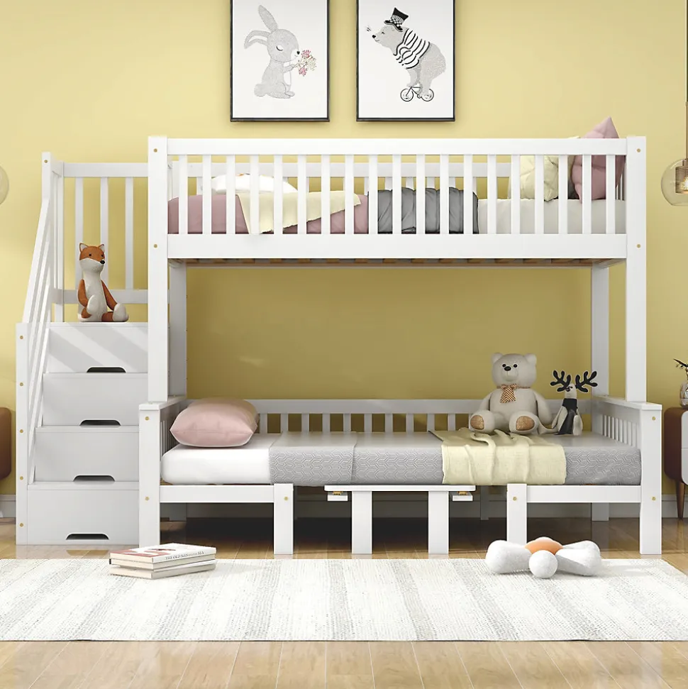 Lit superposé 90x200/120x200 avec table rabattable et escalier de rangement, structure bois/MDF blanc