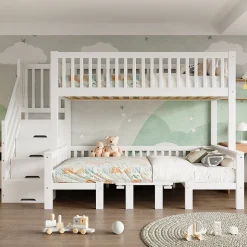 Lit superposé 90x200/120x200 avec table rabattable et escalier de rangement, structure bois/MDF blanc