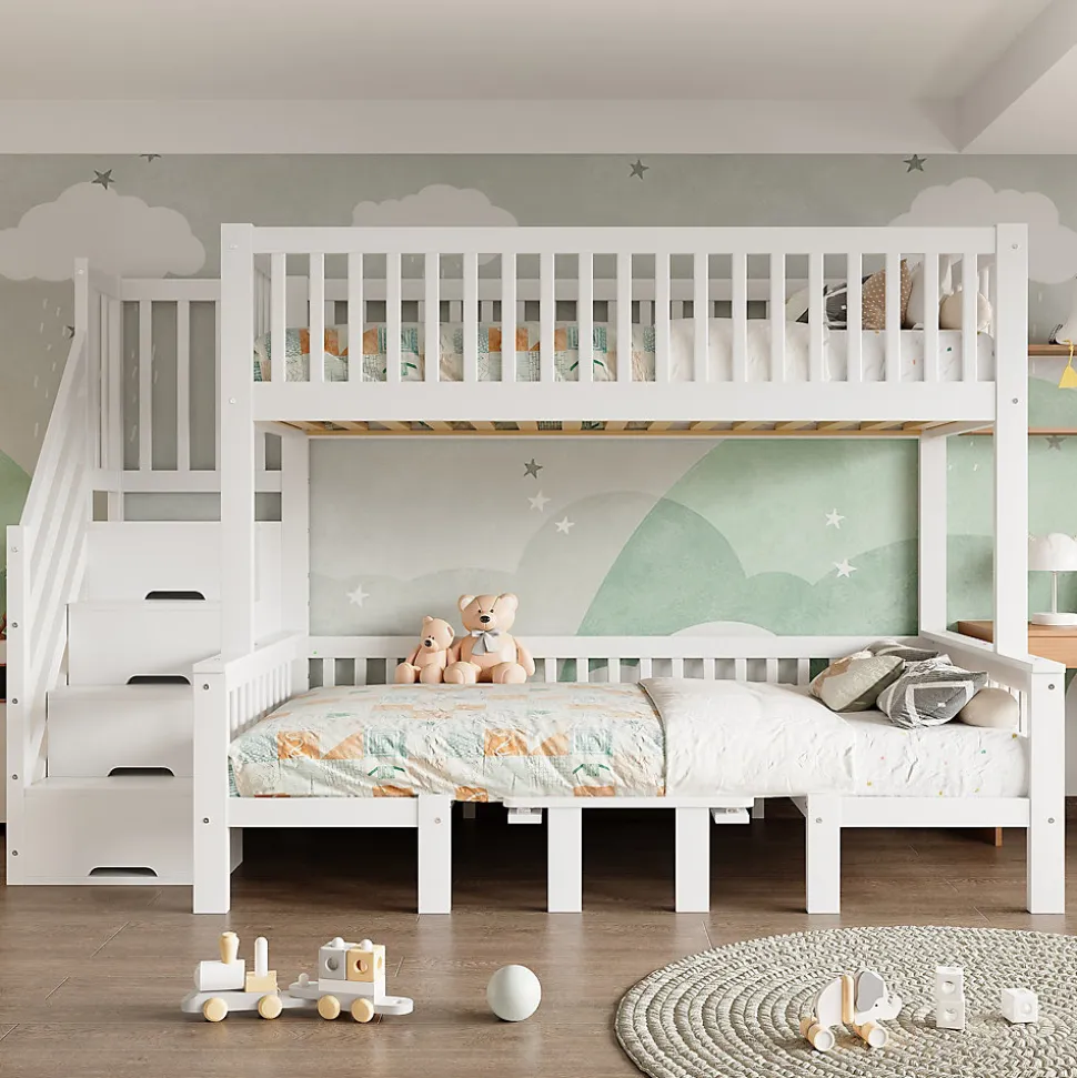 Lit superposé 90x200/120x200 avec table rabattable et escalier de rangement, structure bois/MDF blanc