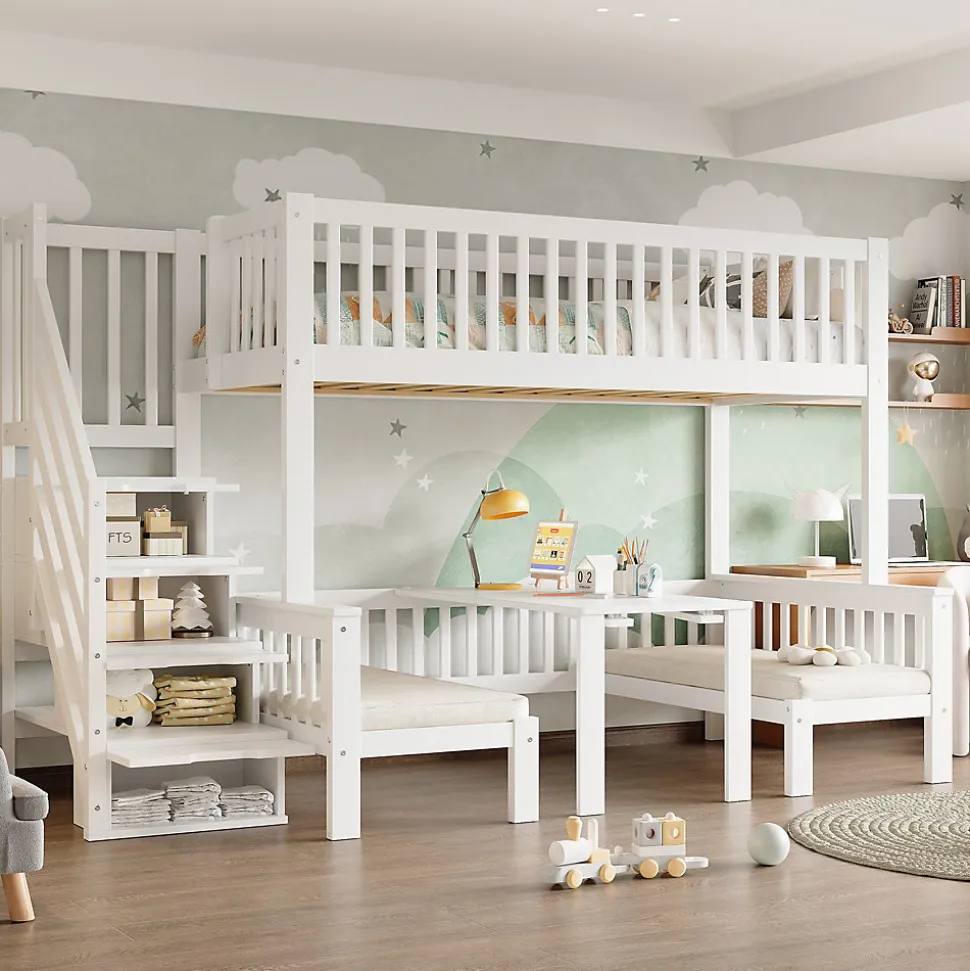 Lit superposé 90x200/120x200 avec table rabattable et escalier de rangement, structure bois/MDF blanc