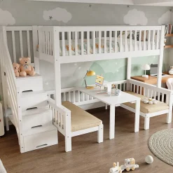 Lit superposé 90x200/120x200 avec table rabattable et escalier de rangement, structure bois/MDF blanc