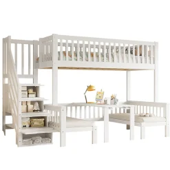 Lit superposé 90x200/120x200 avec table rabattable et escalier de rangement, structure bois/MDF blanc