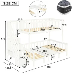 Lit superposé 90x200/120x200 avec table rabattable et escalier de rangement, structure bois/MDF blanc
