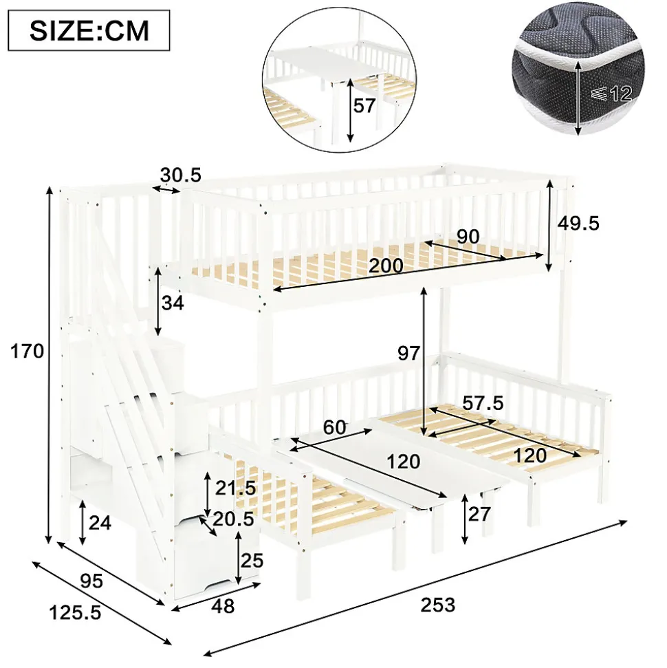 Lit superposé 90x200/120x200 avec table rabattable et escalier de rangement, structure bois/MDF blanc