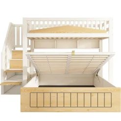 Lit superposé 90x200+140x200 cm - lit inférieur avec rangement - escalier avec rangement - port USB - Blanc/Naturel (sans matelas)