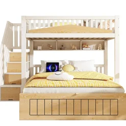 Lit superposé 90x200+140x200 cm - lit inférieur avec rangement - escalier avec rangement - port USB - Blanc/Naturel (sans matelas)