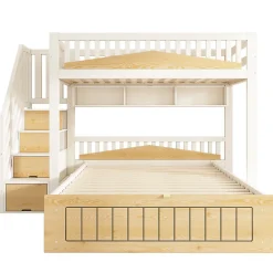 Lit superposé 90x200+140x200 cm - lit inférieur avec rangement - escalier avec rangement - port USB - Blanc/Naturel (sans matelas)
