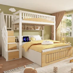 Lit superposé 90x200+140x200 cm - lit inférieur avec rangement - escalier avec rangement - port USB - Blanc/Naturel (sans matelas)
