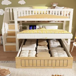 Lit superposé 90x200+140x200 cm - lit inférieur avec rangement - escalier avec rangement - port USB - Blanc/Naturel (sans matelas)