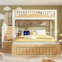 Lit superposé 90x200+140x200 cm - lit inférieur avec rangement - escalier avec rangement - port USB - Blanc/Naturel (sans matelas)