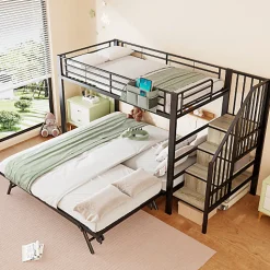 Lit superposé 90x200+180x200 cm - Structure en fer - Lit gigogne - Sacs de rangement - Échelle de sécurité - Noir (sans matelas)