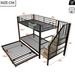 Lit superposé 90x200+180x200 cm - Structure en fer - Lit gigogne - Sacs de rangement - Échelle de sécurité - Noir (sans matelas)