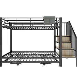 Lit superposé 90x200+180x200 cm - Structure en fer - Lit gigogne - Sacs de rangement - Échelle de sécurité - Noir (sans matelas)