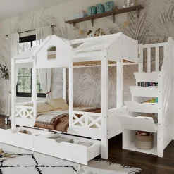 Lit superposé 90x200/140x200 cm avec deux tiroirs à roulettes et armoire d'escalier en bois blanc