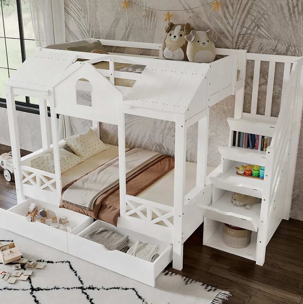 Lit superposé 90x200/140x200 cm avec deux tiroirs à roulettes et armoire d'escalier en bois blanc