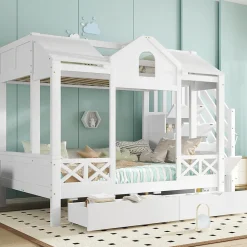 Lit superposé 90x200/140x200 cm avec deux tiroirs à roulettes et armoire d'escalier en bois blanc