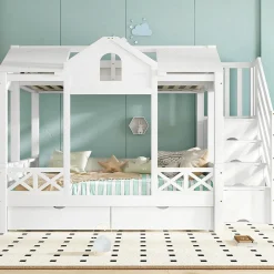 Lit superposé 90x200/140x200 cm avec deux tiroirs à roulettes et armoire d'escalier en bois blanc