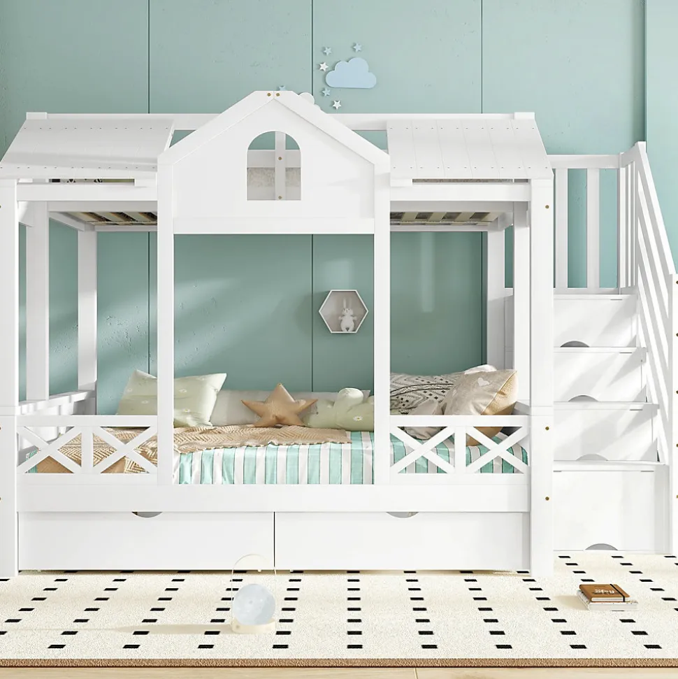 Lit superposé 90x200/140x200 cm avec deux tiroirs à roulettes et armoire d'escalier en bois blanc