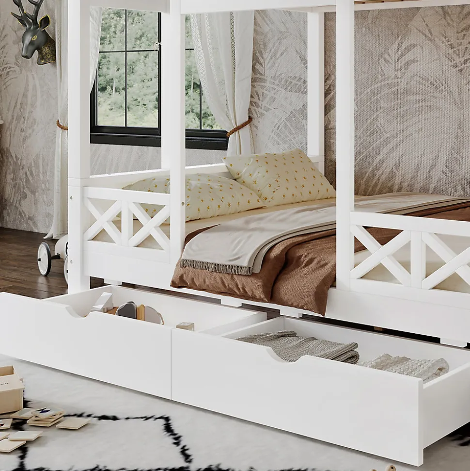 Lit superposé 90x200/140x200 cm avec deux tiroirs à roulettes et armoire d'escalier en bois blanc