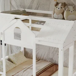 Lit superposé 90x200/140x200 cm avec deux tiroirs à roulettes et armoire d'escalier en bois blanc