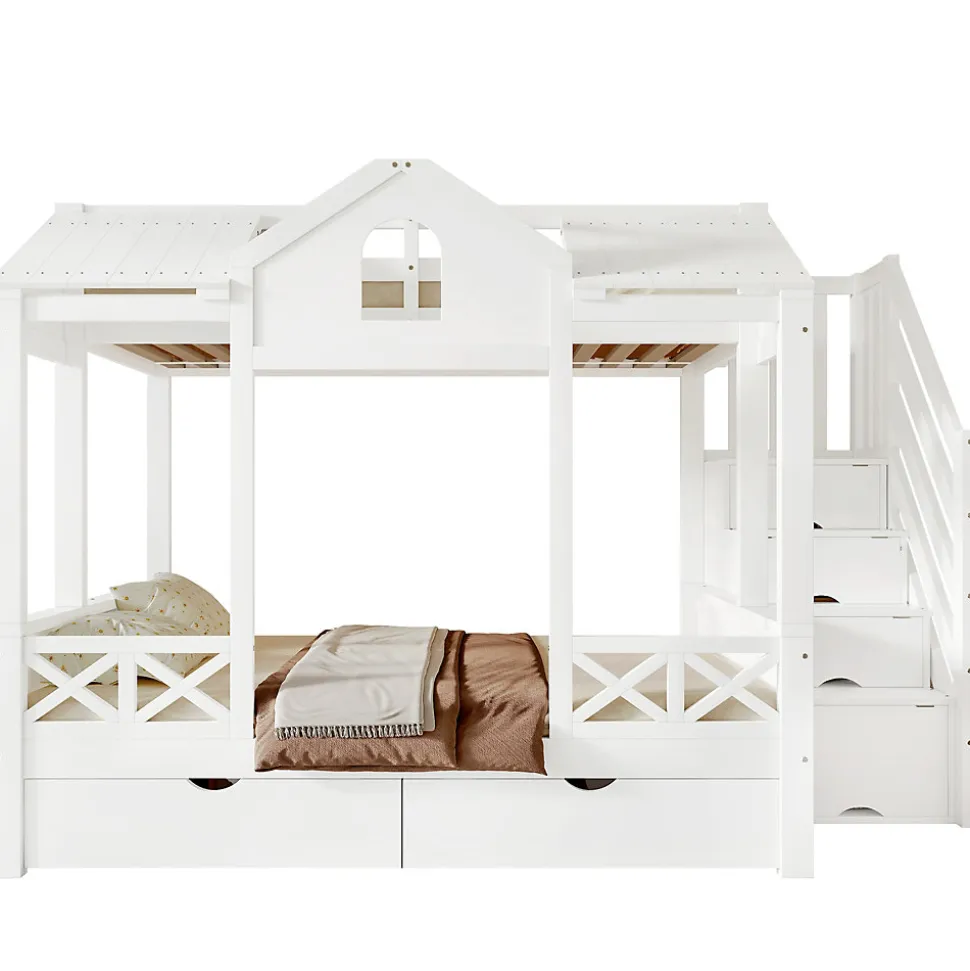 Lit superposé 90x200/140x200 cm avec deux tiroirs à roulettes et armoire d'escalier en bois blanc