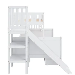 Lit superposé 90x200/140x200 cm avec toboggan sécurisé, échelle de rangement et 2 tiroirs en bois blanc