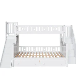 Lit superposé 90x200/140x200 cm avec toboggan sécurisé, échelle de rangement et 2 tiroirs en bois blanc