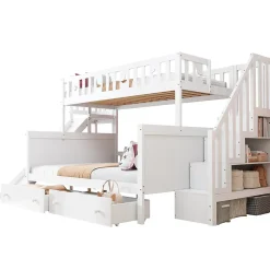 Lit superposé 90x200/140x200 cm avec toboggan sécurisé, échelle de rangement et 2 tiroirs en bois blanc