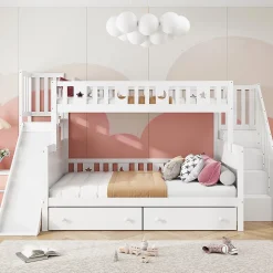 Lit superposé 90x200/140x200 cm avec toboggan sécurisé, échelle de rangement et 2 tiroirs en bois blanc