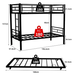 Lit superposé 196,6x97,8x156,5 cm en métal noir, convertible en 2 lits avec échelle antidérapante